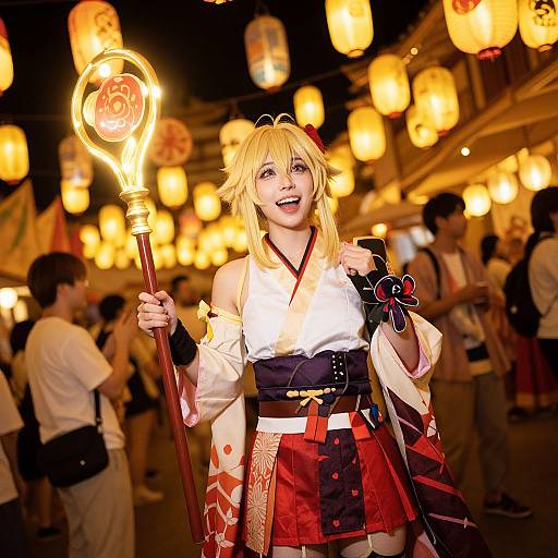 Cosplayer as blonde anime character with white top, red and black skirt, holding glowing staff, in warm-lit festival background.