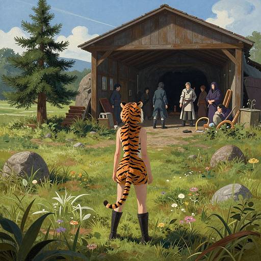 Digital art of a nude, anthropomorphic tiger with black stripes and boots, facing a rustic wooden barn surrounded by green meadow, flowers, rocks,