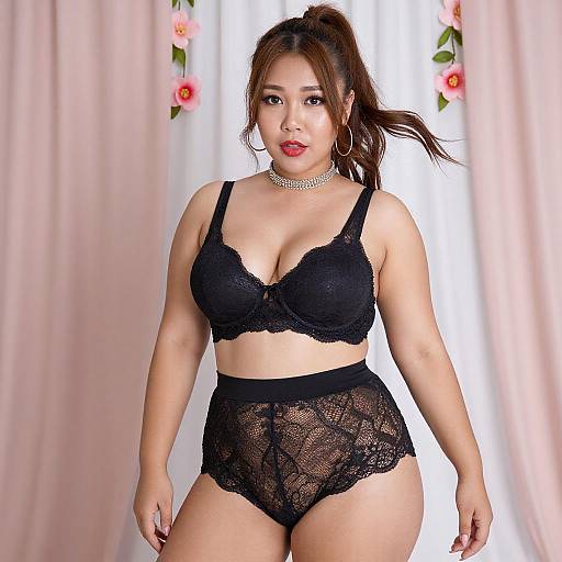Curvy Asian Woman in Black Lace Lingerie