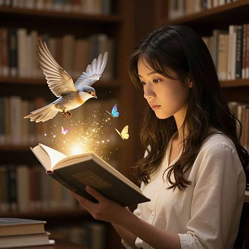 Photograph of an Asian woman with long black hair, wearing a white blouse, reading an open book in a library. A bird with glowing wings and