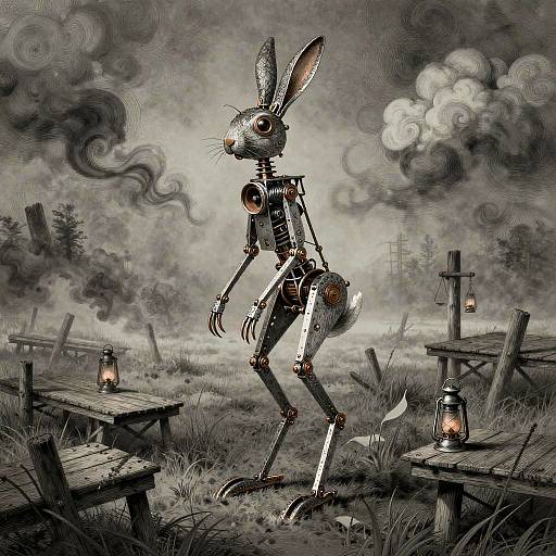 Steampunk rabbit robot with mechanical limbs and glowing eyes stands in a foggy, eerie graveyard with wooden benches and lanterns.
