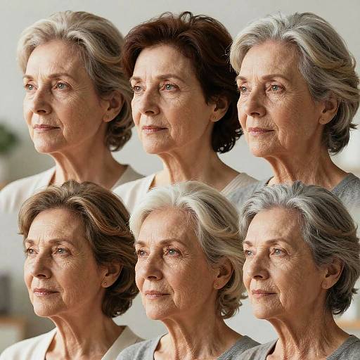 Photograph of six elderly women with gray hair, wearing white and light gray tops, arranged in a semi-circle, each with a serene expression, against