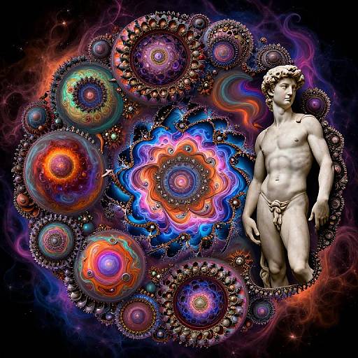 Digital art: Classical white marble statue of nude male with curly hair, standing right, surrounded by vibrant, colorful, swirling cosmic patterns.