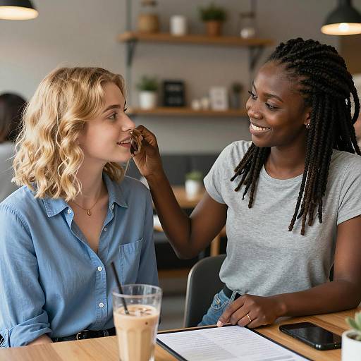 Two Women Sharing Moment in Café