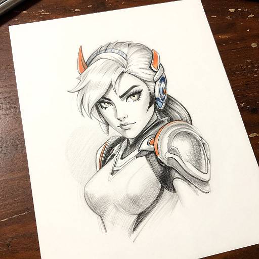 Monochrome pencil sketch of a fierce, white-haired female character with orange horns, wearing futuristic armor and headphones, on white paper.