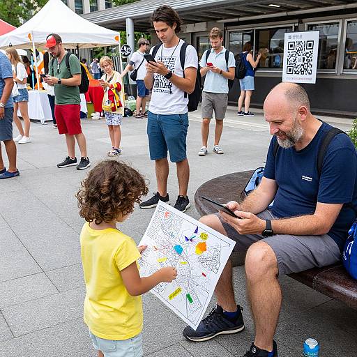 Photograph of a bald man in a navy shirt, sitting on a bench, teaching a curly-haired child in a yellow shirt to draw QR-coded artwork