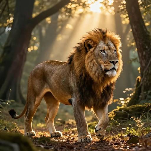 Majestic Iridescent Lion in Mystical Forest