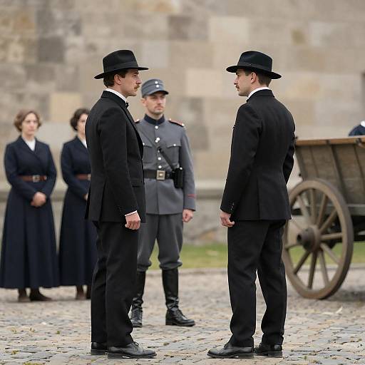 Cobblestone Conversation: Men, Soldier, Observers