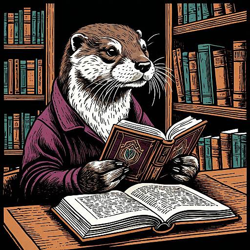 Vintage Otter Reading in Library Illustration