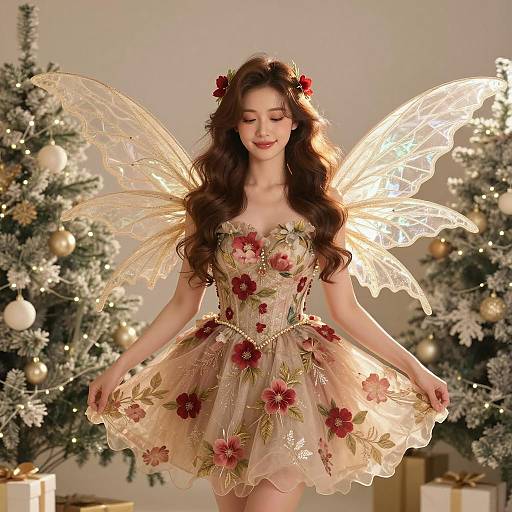 Christmas Fairy Woman in Floral Dress