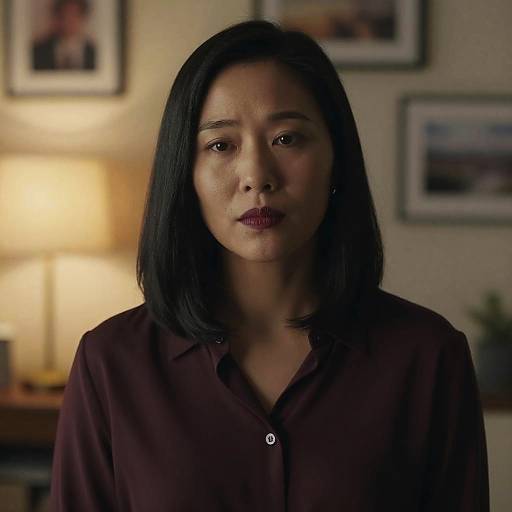 Photograph of an Asian woman with straight black hair, wearing a maroon button-up shirt, standing in a dimly lit room with framed pictures and