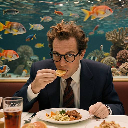 Photograph of a man with curly brown hair, glasses, dark suit, and red tie, eating a crouton underwater-themed restaurant.