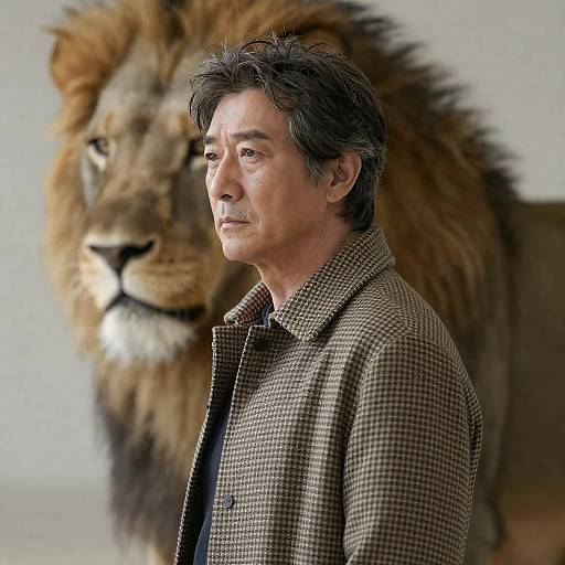 Serious Man with Focused Lion Background