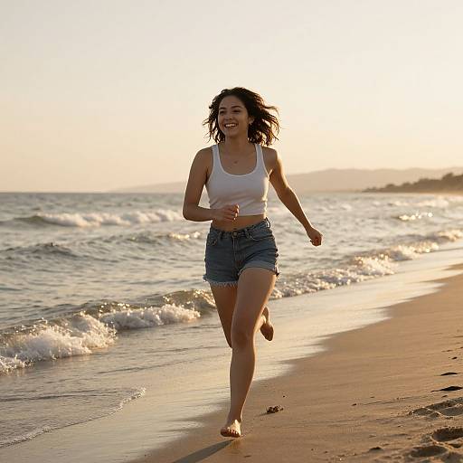 Photograph of a smiling Asian woman running barefoot on a sunlit beach, wearing a white tank top and denim shorts, with gentle waves in the