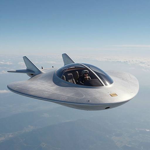 Photograph of a sleek, silver flying saucer with a dome-shaped cockpit, soaring above a cloud-covered landscape with a clear blue sky.