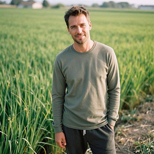 Photograph of a smiling, bearded man with short brown hair, wearing a gray long-sleeve shirt and black pants, standing in a lush