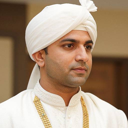 Photograph of a serious-looking South Asian man with medium skin tone, wearing a white turban and traditional white embroidered shirt with gold chain. Blurred