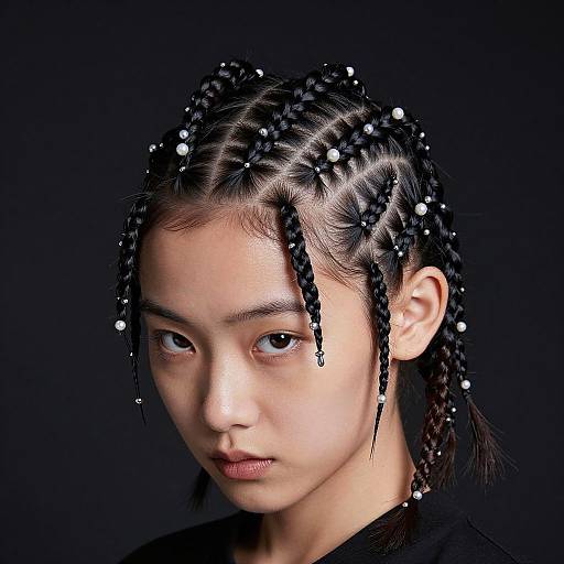 Photograph of an Asian woman with black braided hair adorned with white beads, serious expression, black background, close-up portrait.