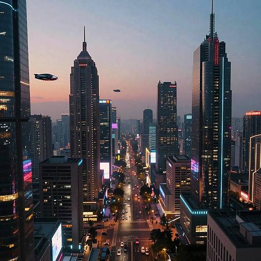 Photograph of a futuristic cityscape at dusk, featuring towering skyscrapers with neon lights, flying saucers, and a glowing, busy street