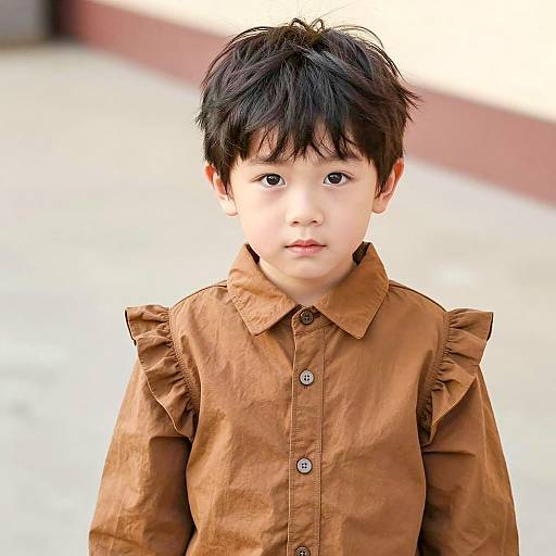 Portrait of Young Boy in Brown Ruffled Shirt