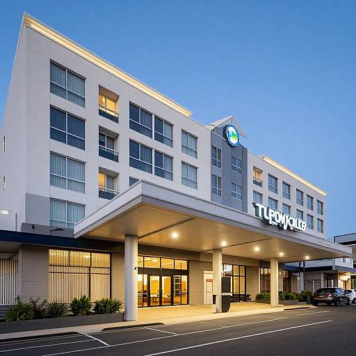 Photograph of a modern T-Mobile store at dusk, featuring a white, three-story building with large windows, illuminated sign, and parking lot.