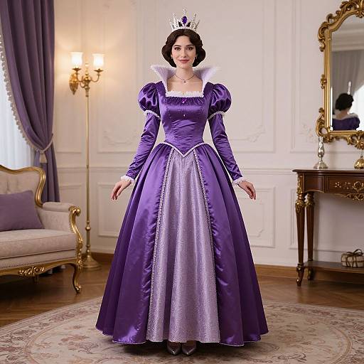 Photograph of a fair-skinned woman with black hair in a purple princess gown, white ruffled collar, silver crown, standing in an elegant,