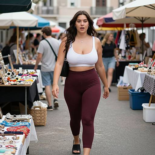 Photograph of a curvy woman with long black hair, wearing a white crop top and maroon leggings, walking through a bustling outdoor market with colorful