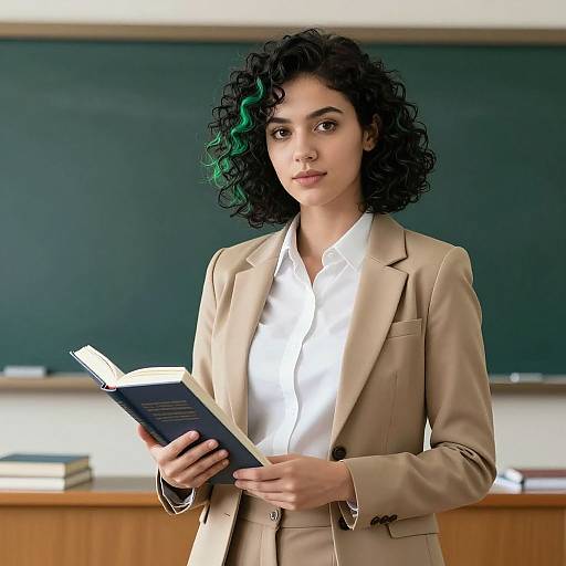 Photograph of a young woman with curly black hair with green highlights, wearing a beige blazer and white shirt, holding a book in a classroom with