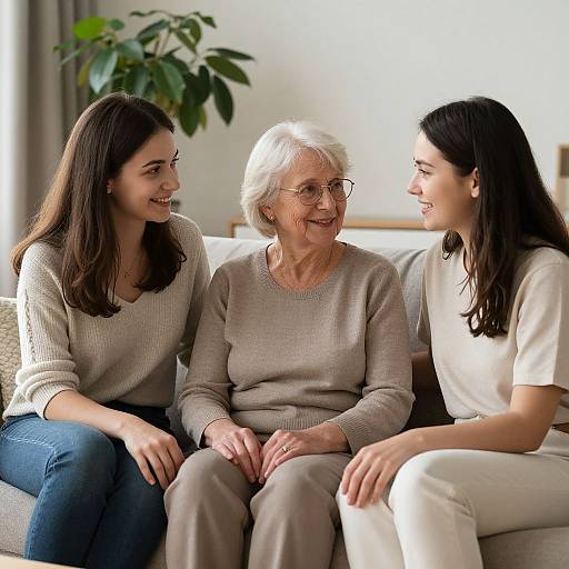 Photograph of three women sitting on a couch; elderly woman with white hair and glasses, smiling, flanked by two young women in casual clothes,