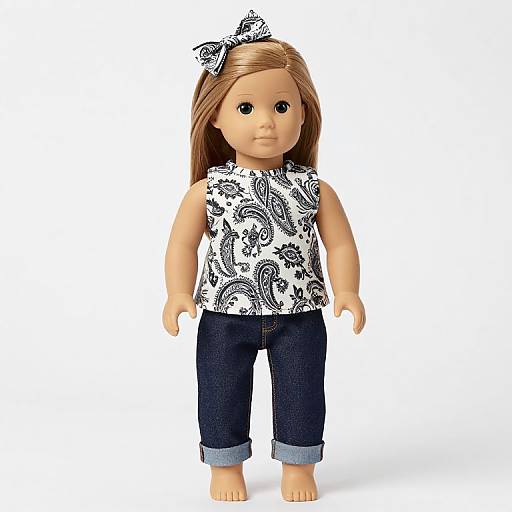 Photograph of a doll with long brown hair, wearing a white paisley sleeveless top, blue jeans, and a black-and-white bow headband