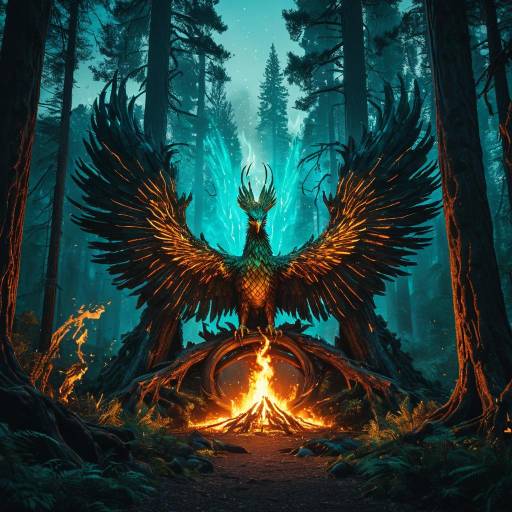Luminescent Phoenix with Flaming Embers in Ancient Forest