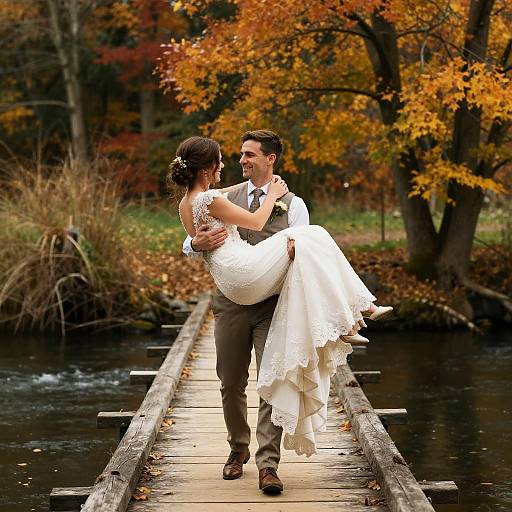 Romantic Autumn Bridge Embrace