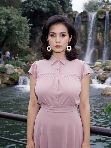 Photograph of an Asian woman with dark hair, wearing a pink button-up dress and white earrings, standing in front of a waterfall garden.