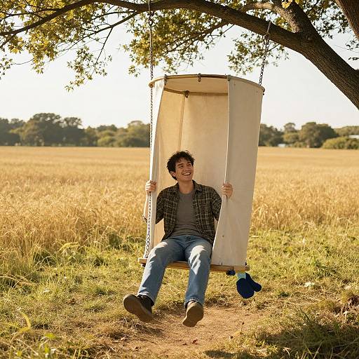 Photograph of a smiling young man with curly hair, wearing a plaid shirt and jeans, sitting on a wooden swing in a sunlit, golden