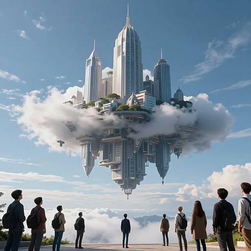 Photograph of a futuristic cityscape with towering skyscrapers floating in the sky, surrounded by clouds. Silhouetted people in business attire stand