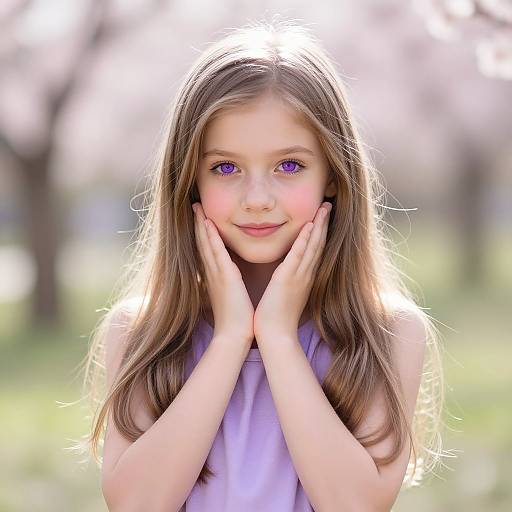 Photograph of a young girl with long brown hair, purple eyes, and fair skin, wearing a purple sleeveless top, hands gently touching her cheeks