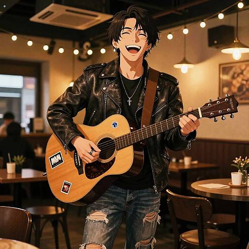 Young man with black hair, leather jacket, black shirt, and ripped jeans, joyfully playing a wooden acoustic guitar with stickers in a warmly lit,