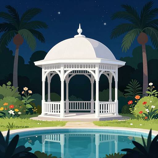 Serene Nighttime Garden Gazebo Illustration
