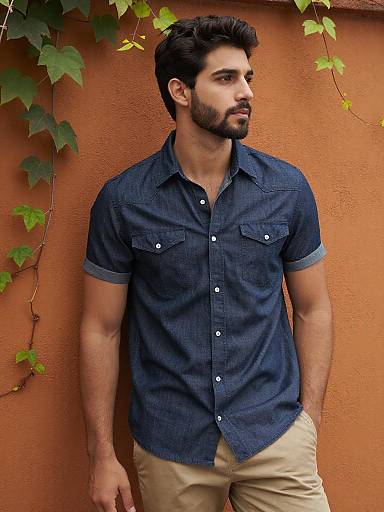 Young Man in Denim Shirt Against Orange Wall