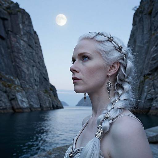 Photograph of a pale-skinned, blonde woman with braided hair, wearing silver jewelry, gazing upwards in a narrow, rocky coastal canyon at