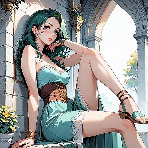 Elegant Woman in Strapless Olive Green Dress