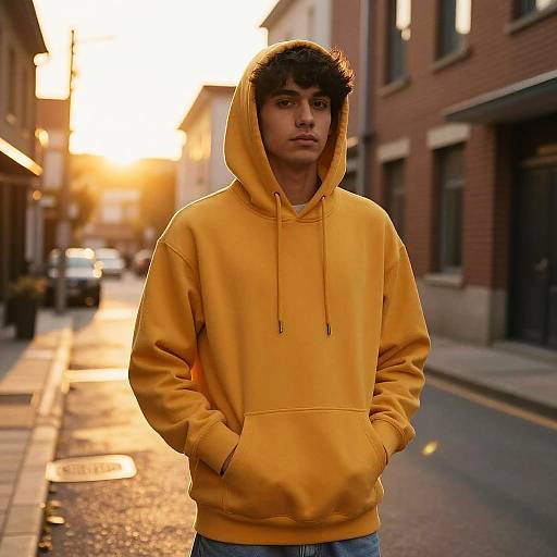 Young Man in Mustard Yellow Hoodie on Sunlit Street