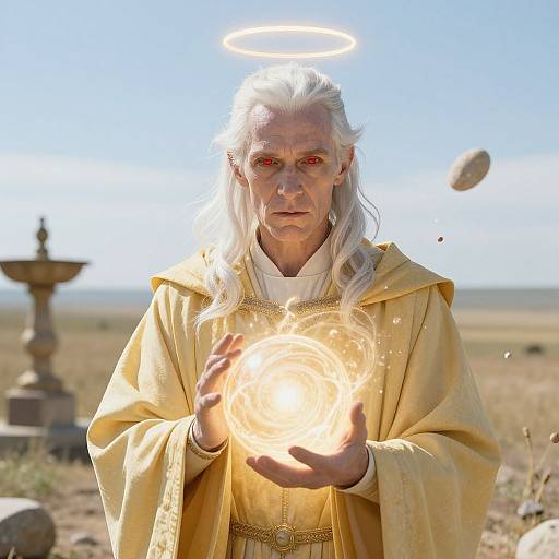 Photograph of a white-haired, elderly man with red eyes, wearing a yellow robe, holding a glowing, circular halo in a desert with a stone