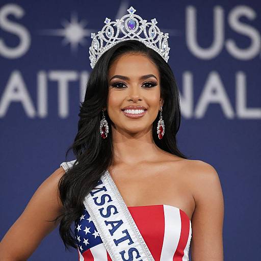 Photograph of a smiling Black woman with long black hair, wearing a silver tiara, red-white-blue strapless dress, and 