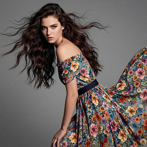 Photograph of a young woman with long, wavy brown hair wearing an off-shoulder, colorful floral dress, against a gray background. She