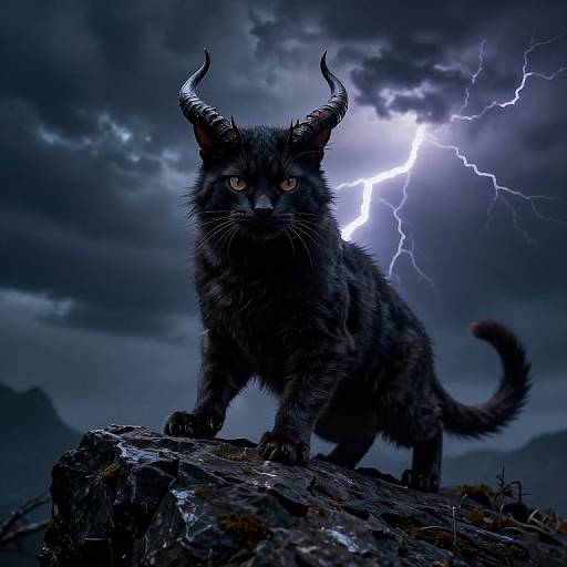 Digital artwork of a black, demonic cat with glowing yellow eyes and curved horns, standing on a rock during a lightning storm. Dark, stormy sky