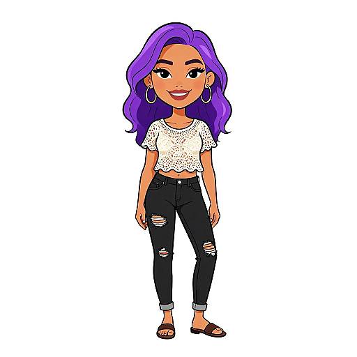 Cartoon-style drawing of a smiling young woman with purple hair, wearing a white cropped top, black ripped jeans, and hoop earrings.