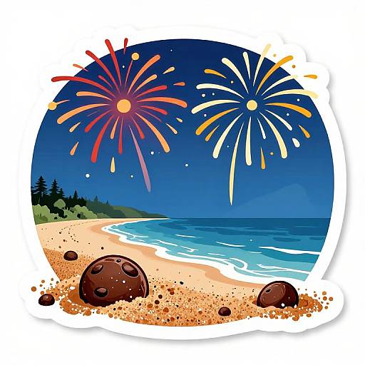 Digital illustration of a beach at night with colorful fireworks, dark brown meteorite-like rocks on golden sand, and a blue ocean under a starry sky