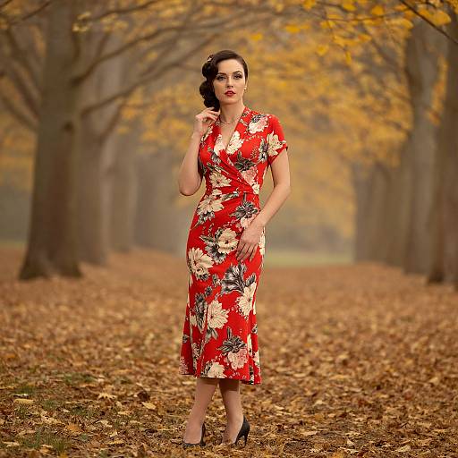 Photograph of a fair-skinned woman with dark hair in a red floral dress, standing in an autumn forest, surrounded by fallen leaves and yellow trees
