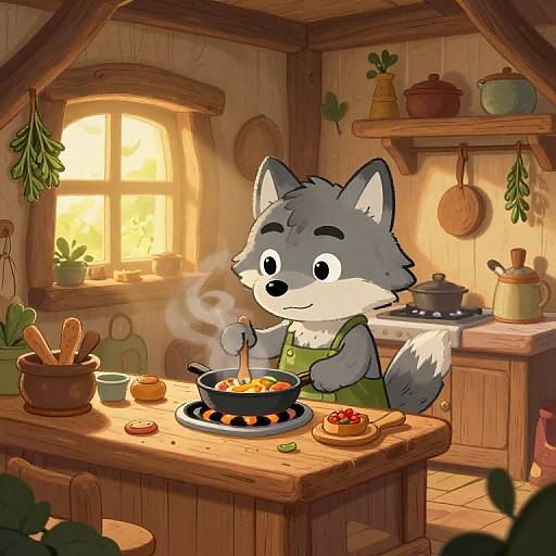 Cute cartoon wolf in green apron cooks steaming meal in cozy wooden kitchen, sunlight streaming through window, pots and plants around.